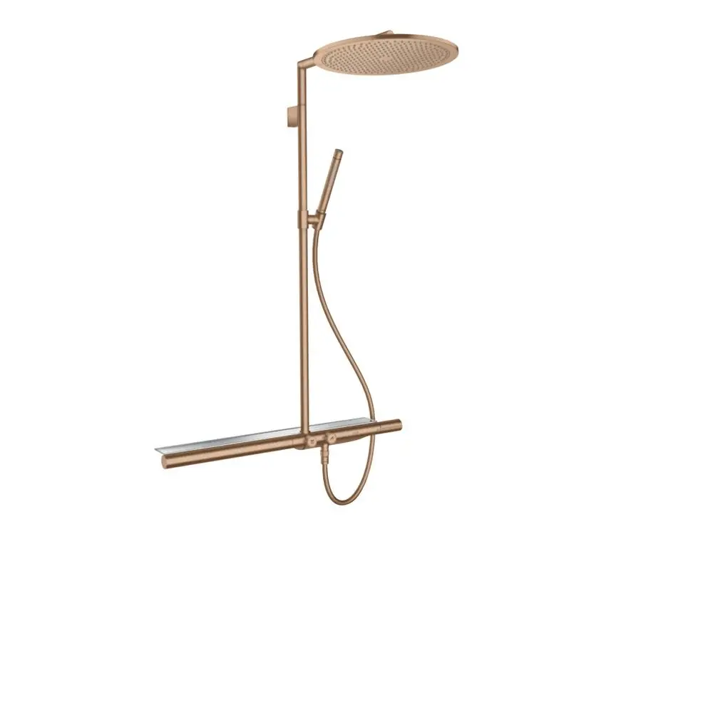 Showerpipe von AXOR mit Thermostat und Kopfbrause in Brushed Red Gold, ausgestattet mit einem Handbrauseanschluss und einer stabilen Montagehalterung.